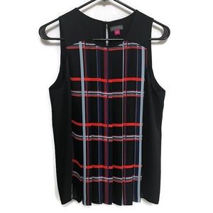 Vince Camuto Women's Black Sleeveless Plaid Print Pleated Tank Top Size Small